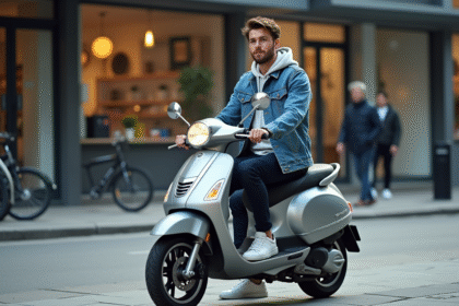 Jeune homme en denim sur scooter en ville dynamique