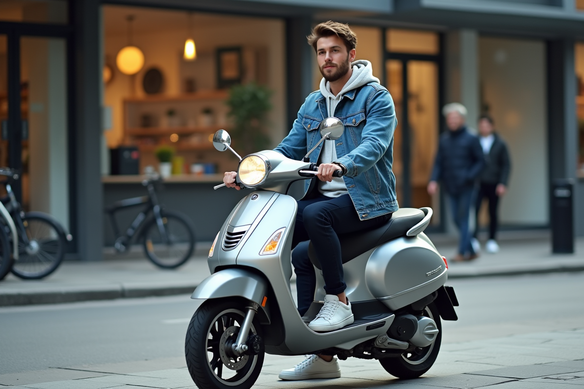Jeune homme en denim sur scooter en ville dynamique