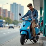 Jeune homme en denim remplit son scooter en ville