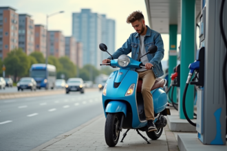 Jeune homme en denim remplit son scooter en ville