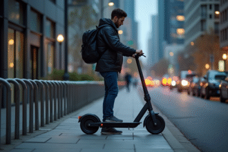 Jeune homme sécurise son scooter en ville