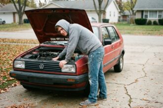 Jeune homme concentré vérifiant le moteur d'une voiture compacte