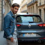 Jeune homme examine sa nouvelle plaque d'immatriculation à Paris