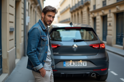 Jeune homme examine sa nouvelle plaque d'immatriculation à Paris