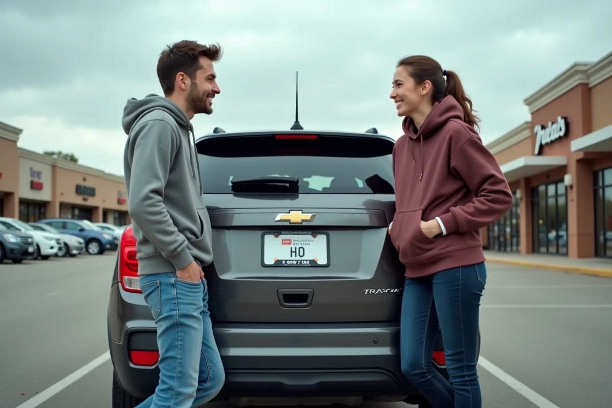 Deux jeunes amis souriants appuyés contre l'arrière d'une Chevrolet Trax dans un parking commercial sous ciel nuageux