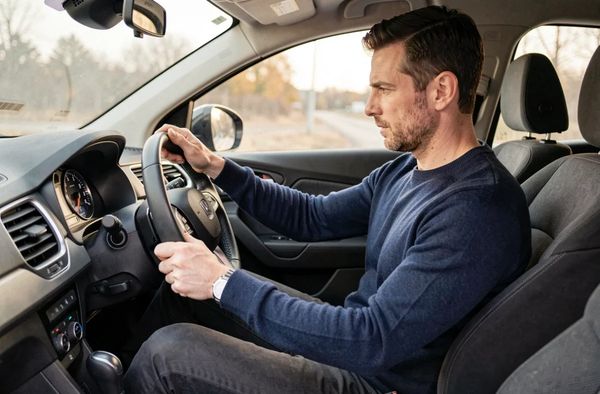 Journaliste automobile masculin au volant d'un SUV compact analysant l'interface du tableau de bord numérique