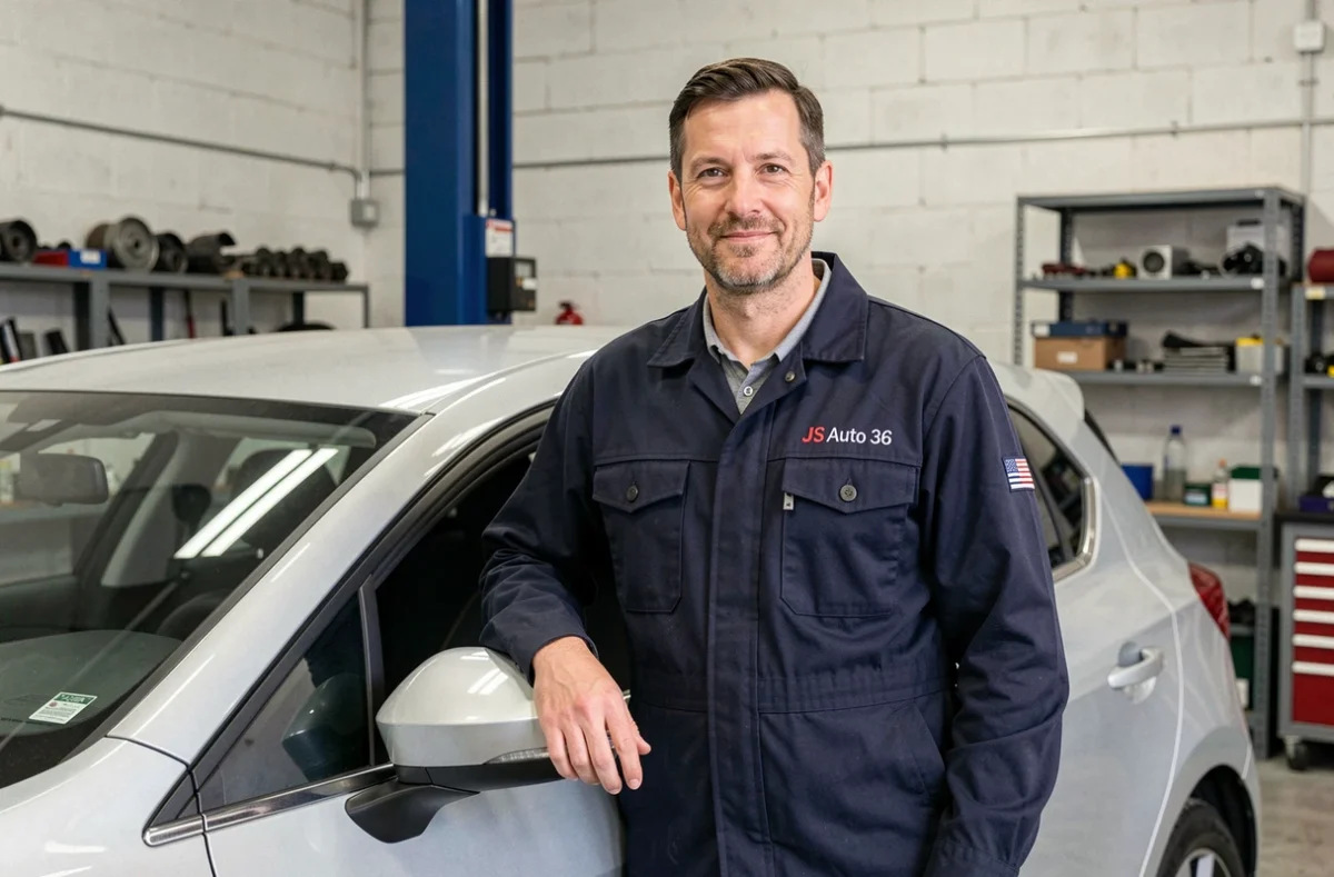 Mécanicien de JS Auto 36 appuyé contre une voiture dans un atelier propre et organisé dans l'Indre