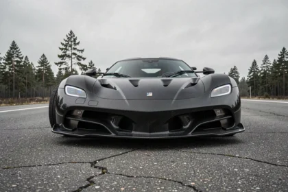 Koenigsegg Agera R noir carbone garé sur route ouverte avec paysage scandinave en arrière-plan