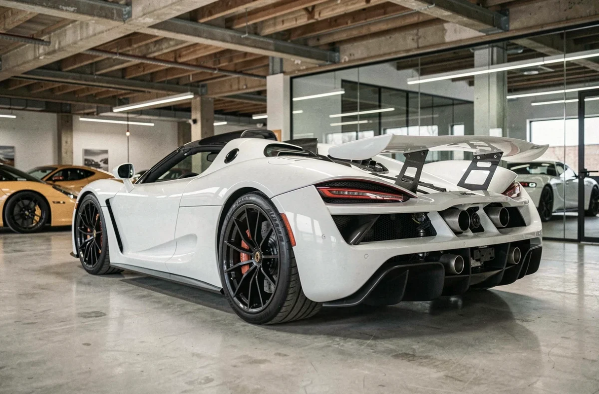 Koenigsegg Agera blanc nacré photographié de l'arrière dans un showroom automobile de luxe moderne