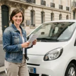 Femme tenant des documents de location à côté d'une voiture sans permis en milieu urbain à Poitiers