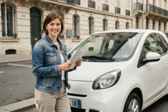 Femme tenant des documents de location à côté d'une voiture sans permis en milieu urbain à Poitiers