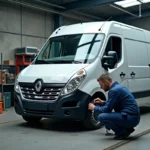 Mécanicien inspectant l'intérieur d'un Master L2H2 dans un atelier de conversion camping-car