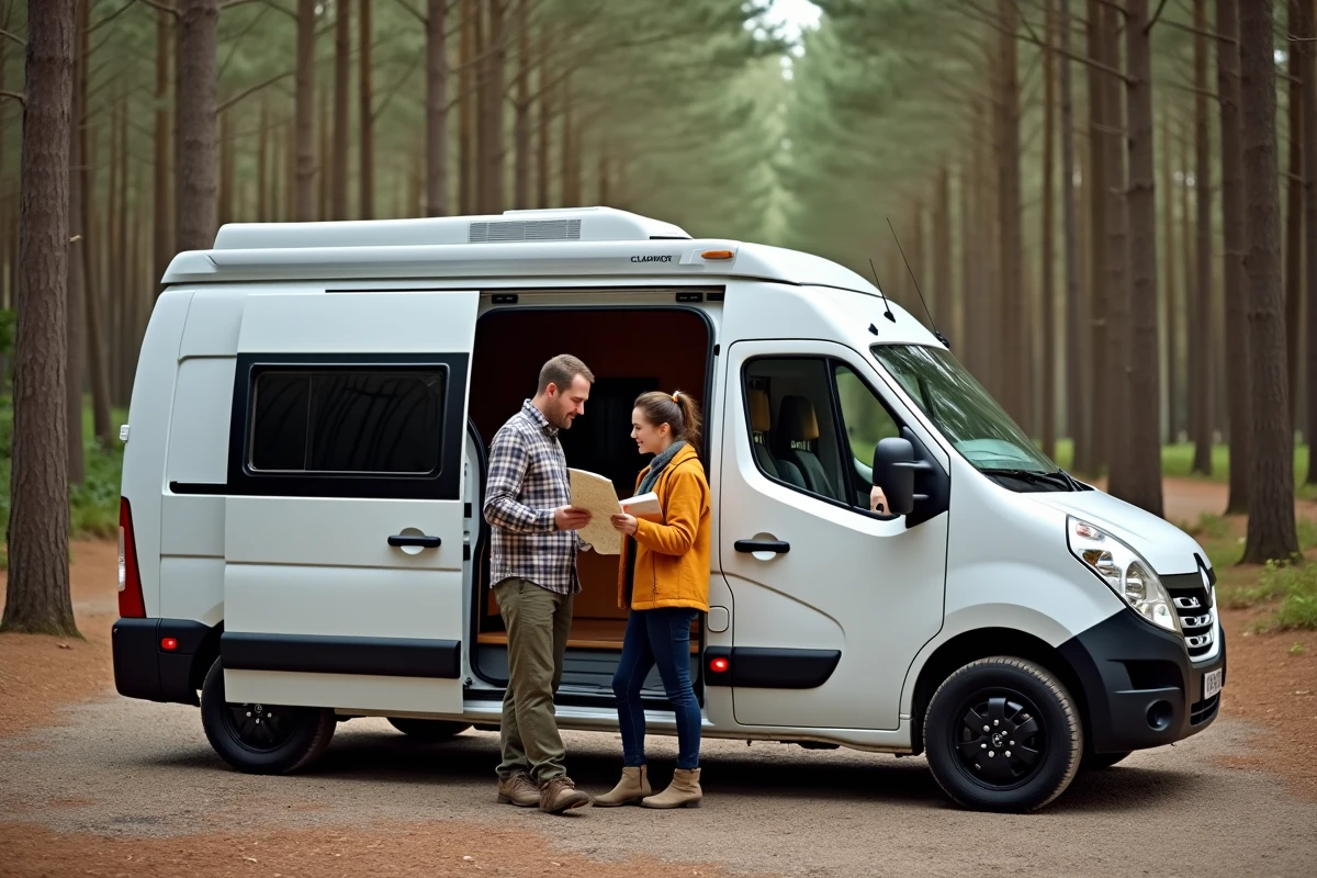 Couple devant un Master L2H2 aménagé en camping-car garé en forêt lors d'un voyage