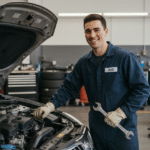 Jeune mecanicien auto souriant dans son atelier