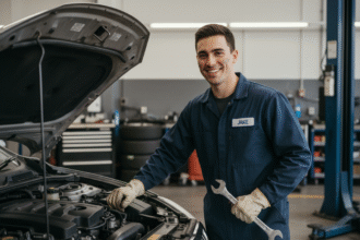 Jeune mecanicien auto souriant dans son atelier