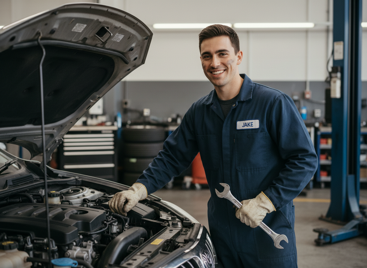 Jeune mecanicien auto souriant dans son atelier