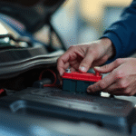 Mains d'un mécanicien changeant une batterie de voiture