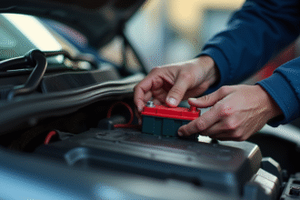 Mains d'un mécanicien changeant une batterie de voiture