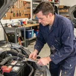 Mécanicien hésitant avant de débrancher la batterie d'une voiture dans un garage résidentiel