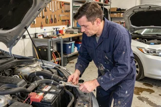 Mécanicien hésitant avant de débrancher la batterie d'une voiture dans un garage résidentiel
