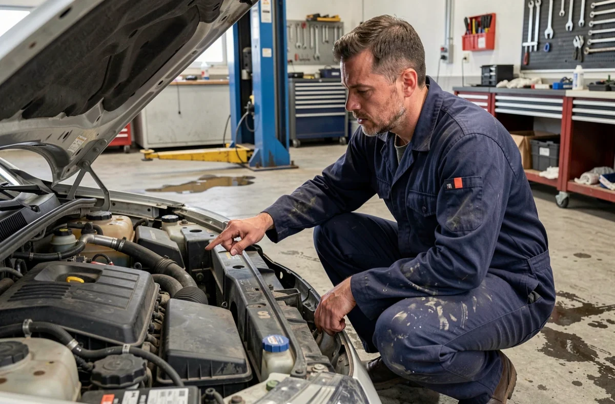 Mécanicien automobile inspectant le réservoir de liquide de frein dans un garage professionnel
