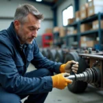 Mécanicien homme installant une suspension sur un essieu de remorque