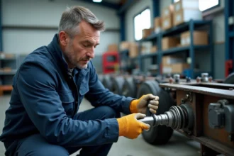 Mécanicien homme installant une suspension sur un essieu de remorque
