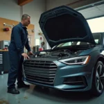 Mécanicien inspectant le moteur d'une berline compacte dans un garage, illustration des chevaux fiscaux et de la puissance moteur