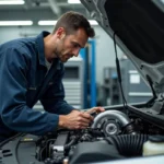 Mécanicien inspectant un moteur TCe turboessence dans un atelier automobile moderne
