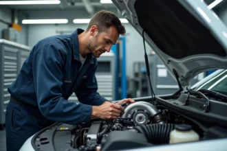 Mécanicien inspectant un moteur TCe turboessence dans un atelier automobile moderne