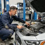 Mécanicien expliquant les parties du moteur d'une voiture dans un garage professionnel