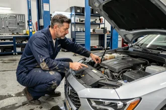 Mécanicien expliquant les parties du moteur d'une voiture dans un garage professionnel