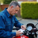 Mécanicien moto inspectant un odomètre Yamaha 125 TZR en extérieur