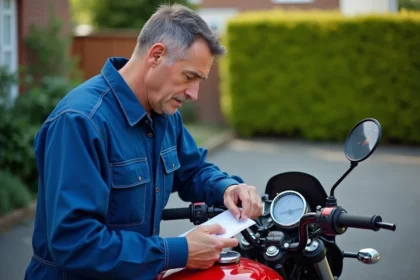 Mécanicien moto inspectant un odomètre Yamaha 125 TZR en extérieur