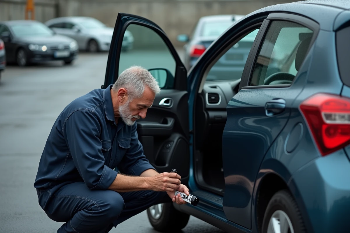 Mécanicien inspectant le numéro de série de l'autoradio dans la boîte à gants d'un véhicule garé