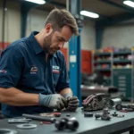 Mécanicien de compétition inspectant une pièce de frein haute performance dans un garage de course professionnel