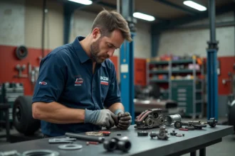Mécanicien de compétition inspectant une pièce de frein haute performance dans un garage de course professionnel