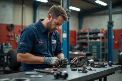 Mécanicien de compétition inspectant une pièce de frein haute performance dans un garage de course professionnel