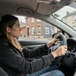Jeune femme au volant d'une voiture lors d'une leçon de conduite dans les Hauts-de-France