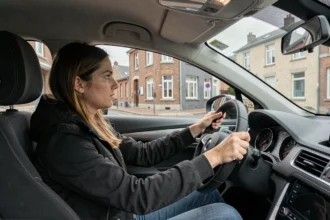 Jeune femme au volant d'une voiture lors d'une leçon de conduite dans les Hauts-de-France