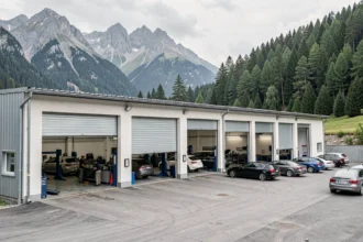 Vue d'ensemble d'un garage automobile professionnel dans le Doubs avec les montagnes du Jura en arrière-plan