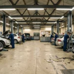 Vue panoramique d'un garage automobile de province en France avec plusieurs véhicules en réparation et des mécaniciens au travail