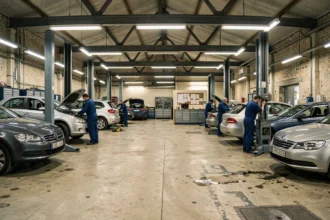 Vue panoramique d'un garage automobile de province en France avec plusieurs véhicules en réparation et des mécaniciens au travail