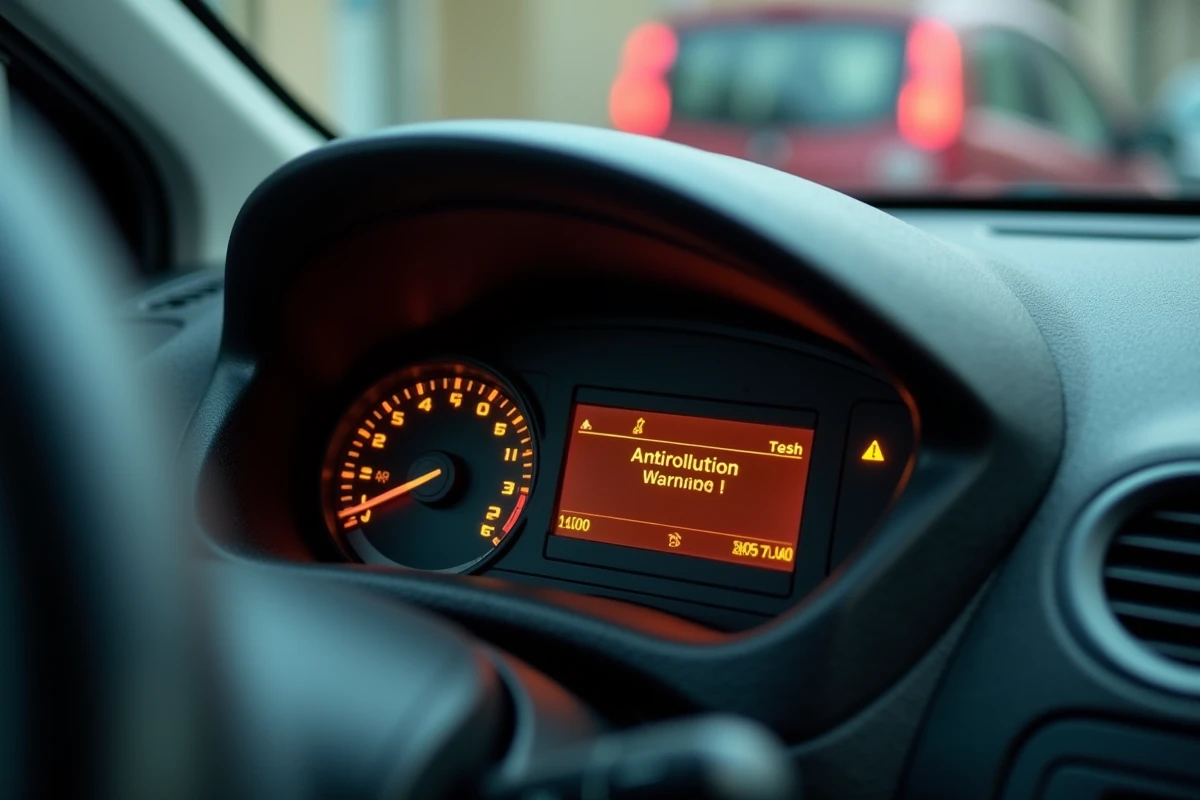 Message antipollution défaillant affiché sur le tableau de bord d'une Peugeot 207 avec voyant moteur allumé