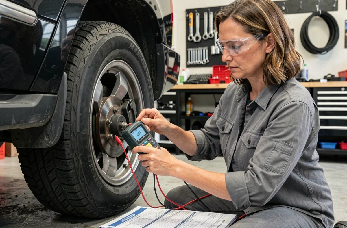 Mécanicienne mesurant la résistance d'un capteur ABS de roue arrière avec un multimètre numérique dans un garage domestique