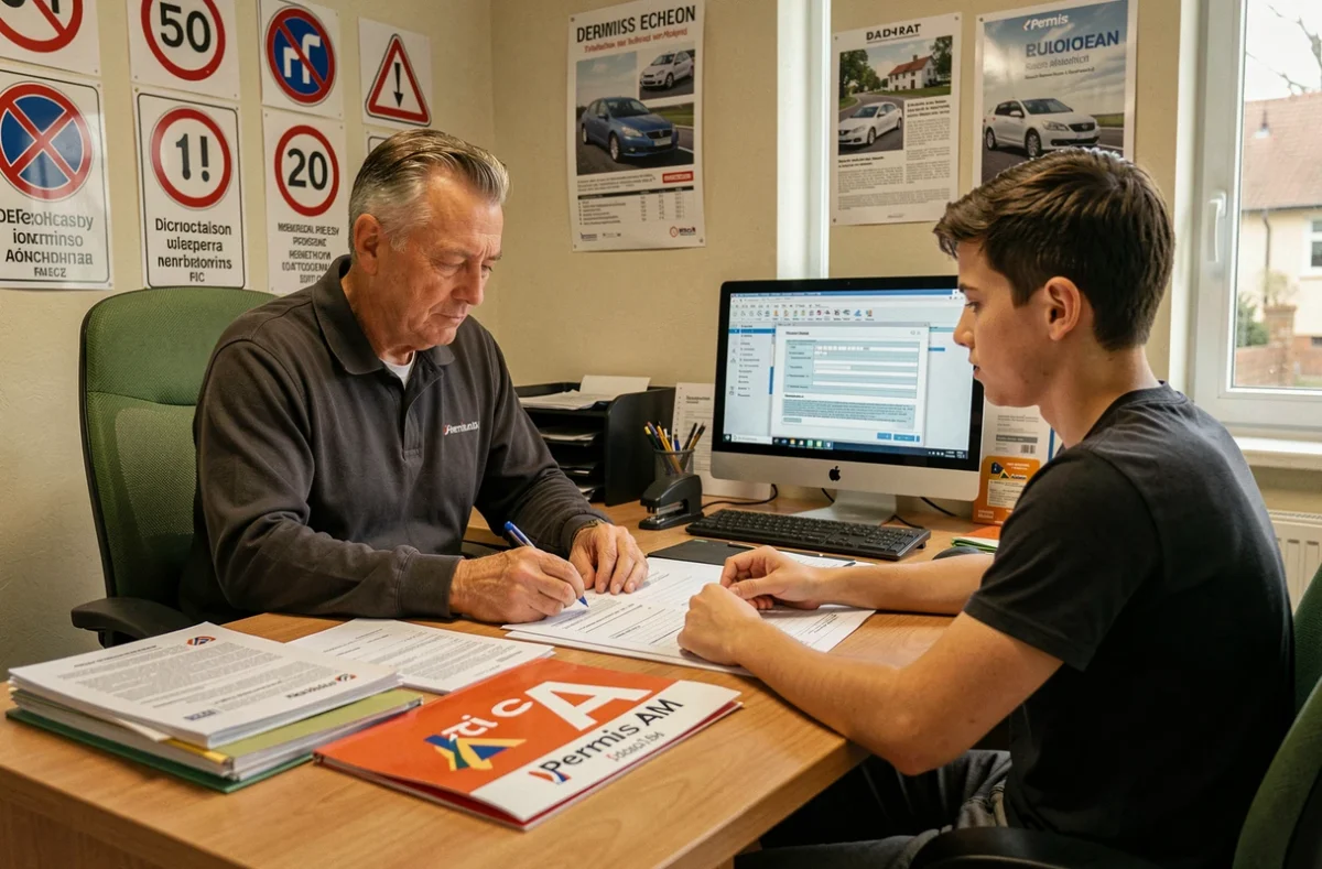 Moniteur d'auto-école et jeune élève consultant les documents d'inscription pour le permis AM dans une école de conduite