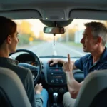 Moniteur d'auto-école accompagnant une élève lors d'une leçon de conduite à Lorient dans le quartier Keryado