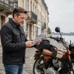 Motard rouennais consultant son contrat d'assurance moto devant sa moto garée sur les pavés de Rouen