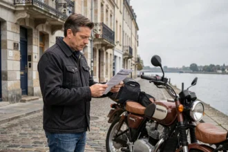 Motard rouennais consultant son contrat d'assurance moto devant sa moto garée sur les pavés de Rouen