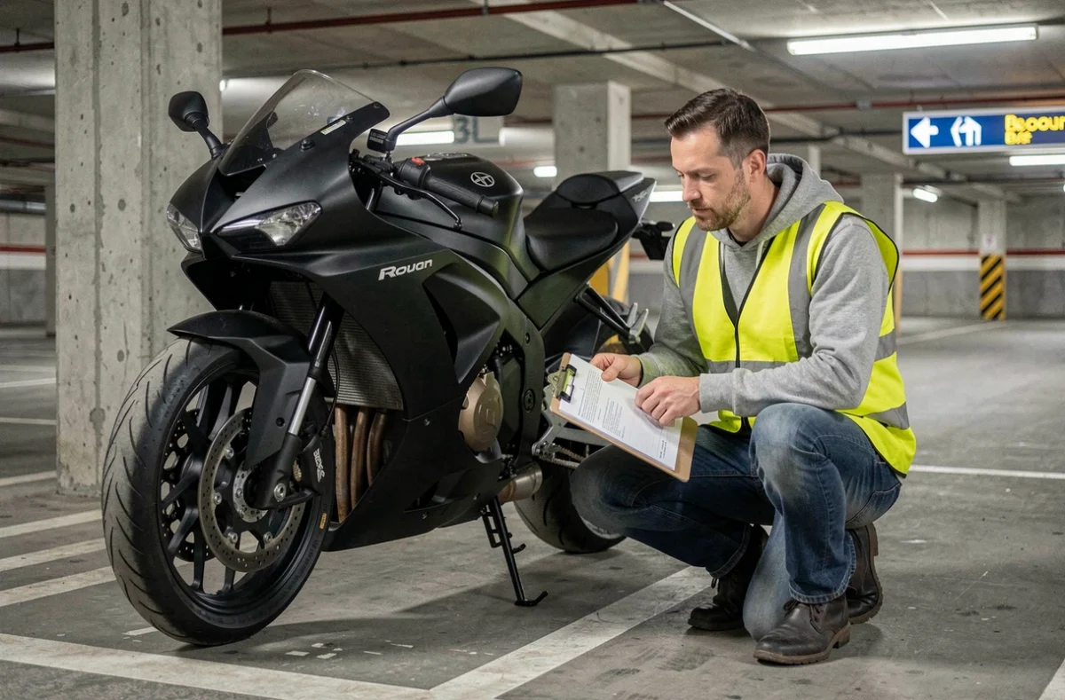 Motard examinant son budget d'assurance moto dans un parking souterrain à Rouen avec presse-papiers